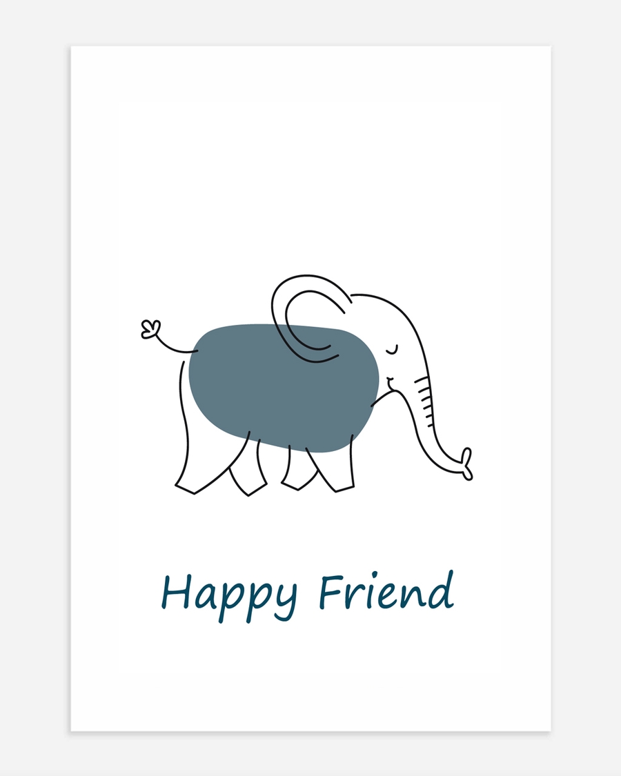 A poster of a Smiling elephant line drawing with soft blue shape