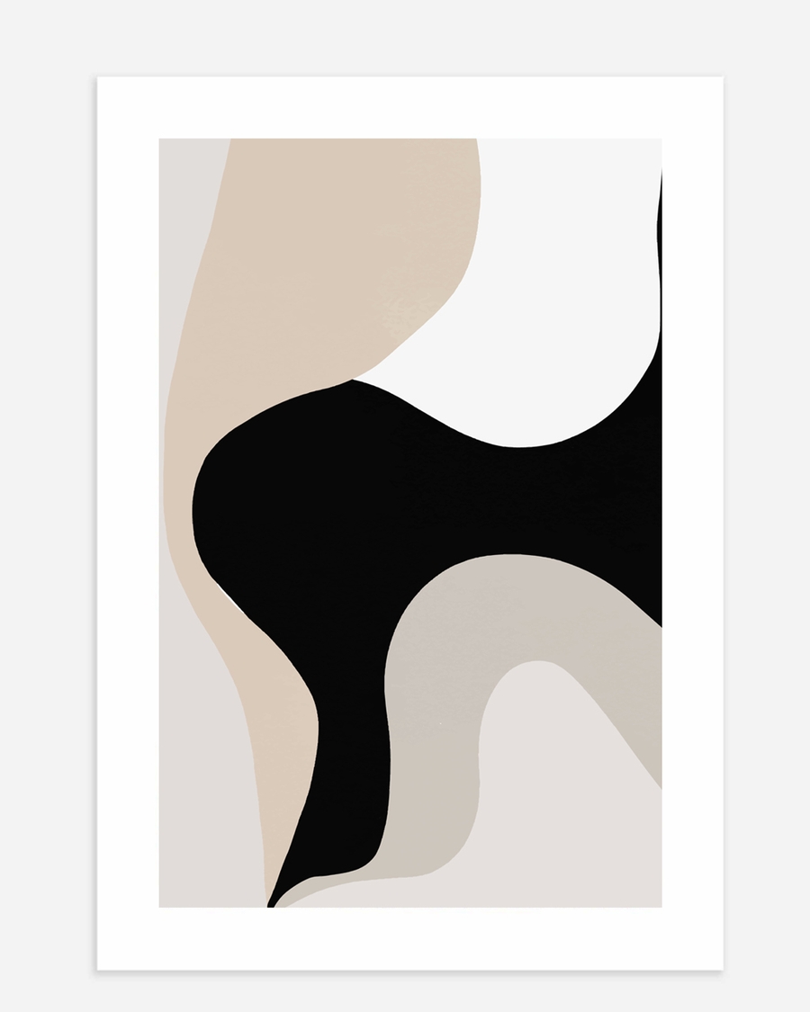A poster of a Abstract black and beige flowing shapes on ivory background