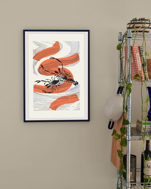  poster of a Graphic lobster illustration with flowing orange brush strokes