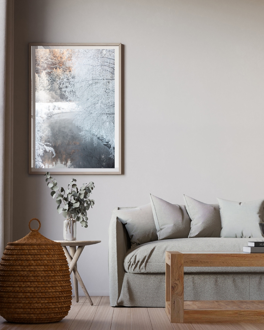 A poster of a Frost covered trees beside quiet winter stream