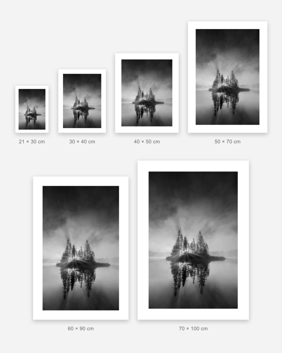 Island of Light poster in 6 sizes, shown to scale: 21 × 30, 30 × 40, 40 × 50, 50 × 70, 60 × 90 and 70 × 100 cm