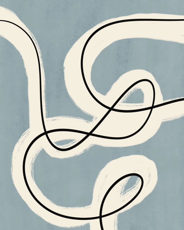 Abstract illustration with a cream brushstroke and looping black line on a dusty blue background