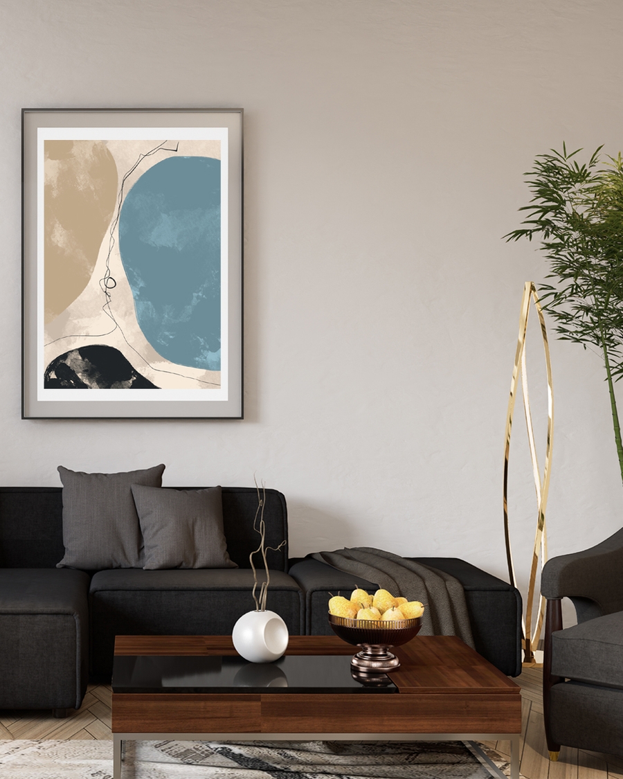 A poster of a Abstract shapes in beige blue and black