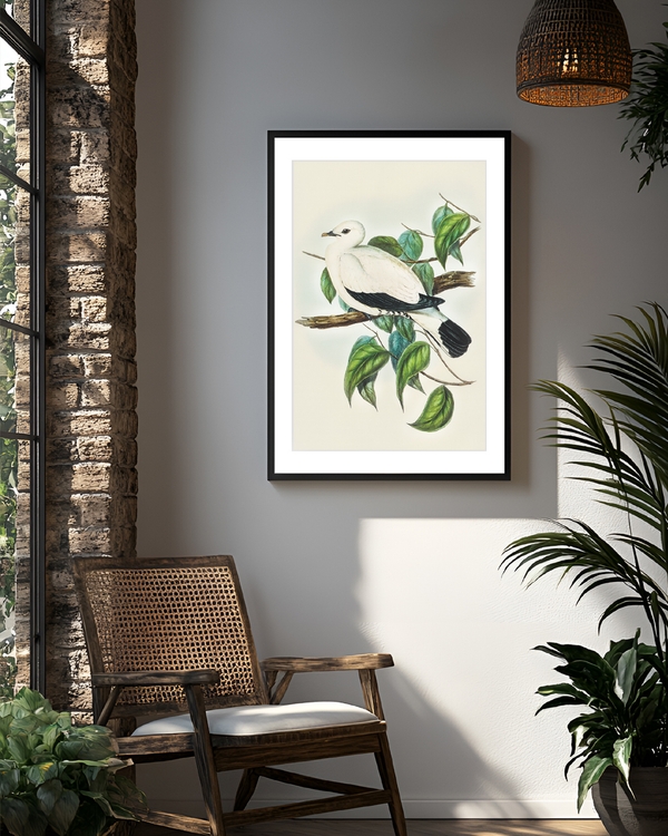 A poster of a Illustrated white bird resting on branch with leaves