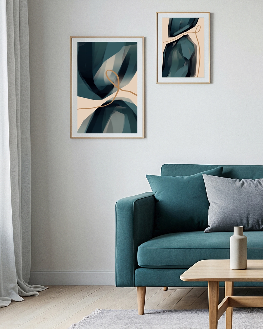 A poster of a abstract teal shapes with ochre line on beige