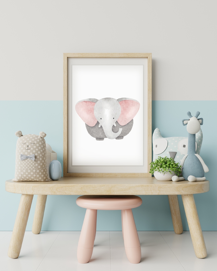 A poster of a Watercolor elephant with pink ears facing forward