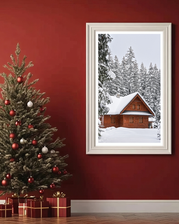 A poster of a cozy wooden cabin surrounded by snowy pine forest