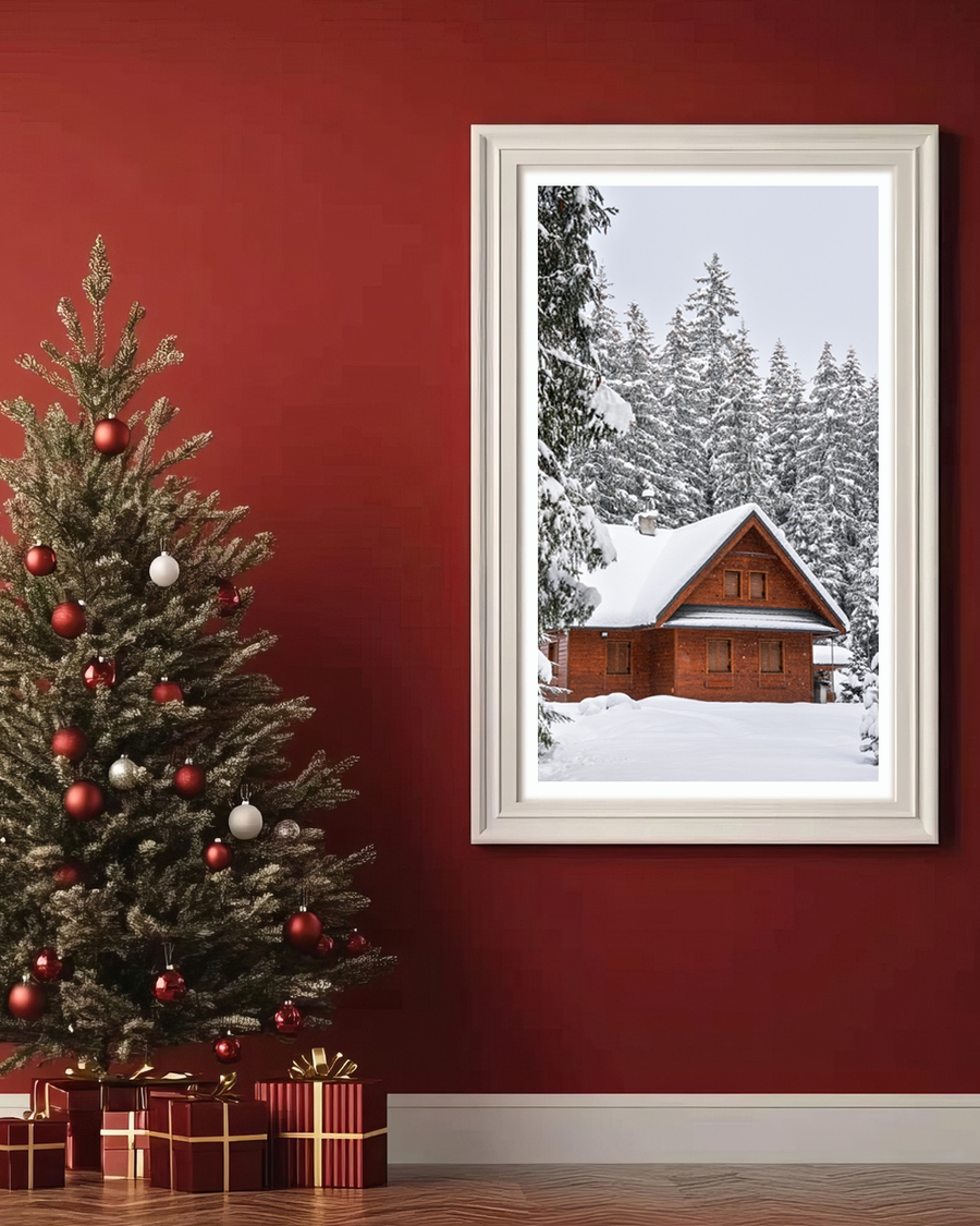 A poster of a cozy wooden cabin surrounded by snowy pine forest