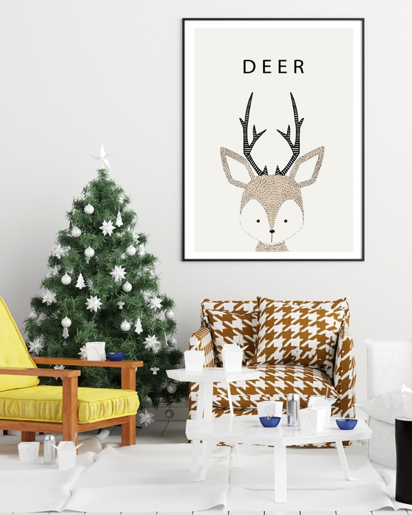A poster of a minimalist deer illustration with black antlers on beige