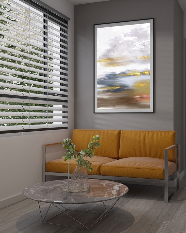 A poster of a abstract clouds with gold and muted earth tones