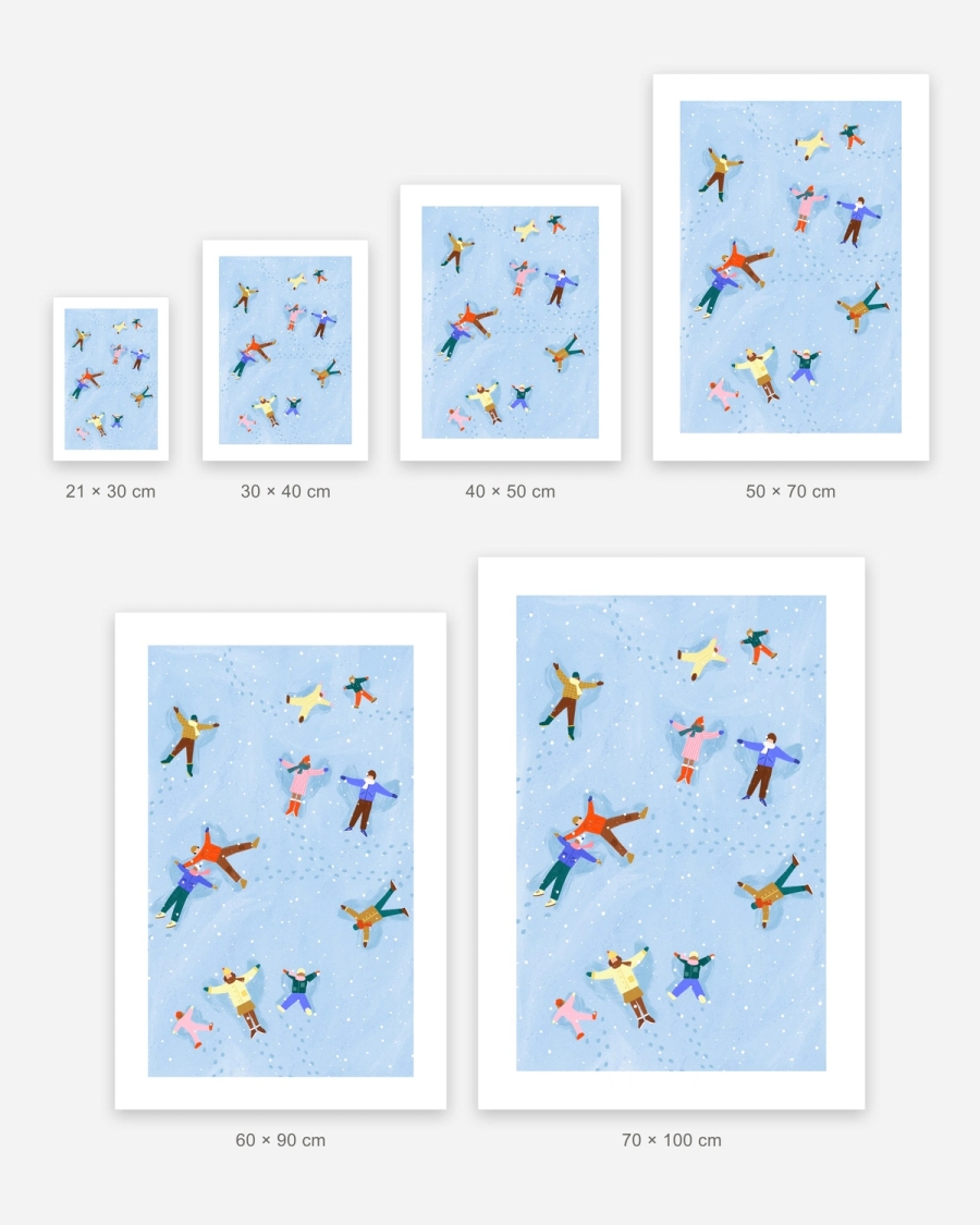 Angels in the Snow poster in 6 sizes, shown to scale: 21 × 30, 30 × 40, 40 × 50, 50 × 70, 60 × 90 and 70 × 100 cm