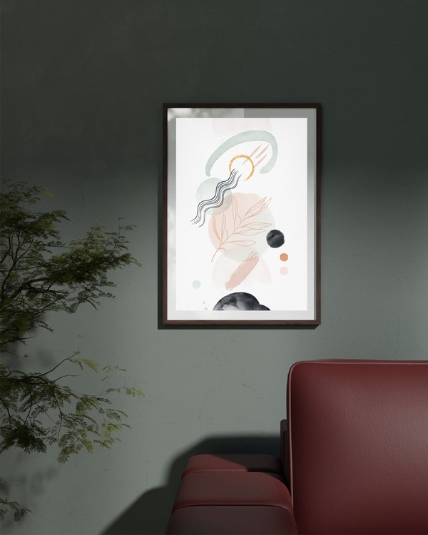 A poster of a abstract watercolor shapes with golden circle and lines