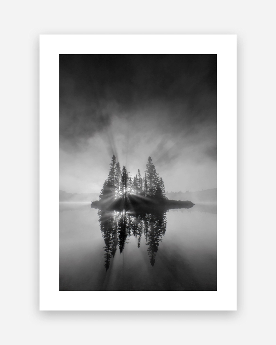 Island of Light poster with a white border, unframed on a light gray background