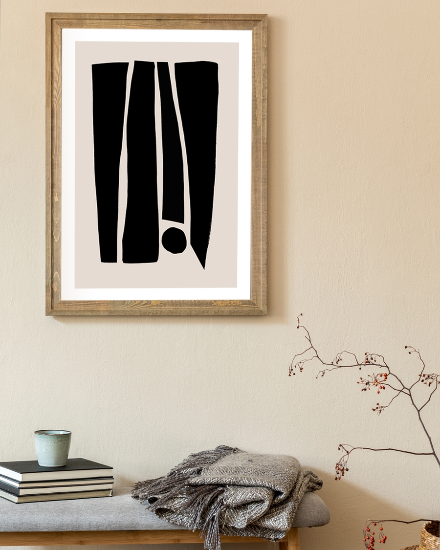 A poster of a back geometric shapes on a soft beige background