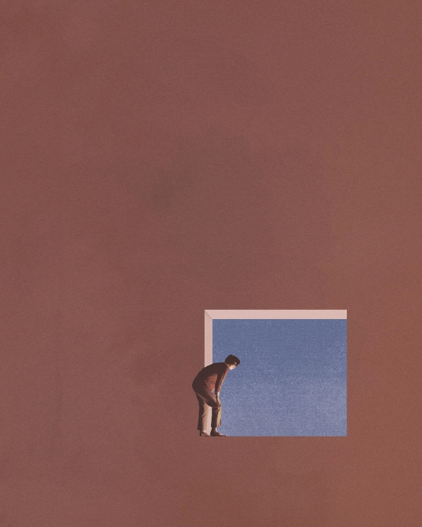 Minimalist illustration of a small figure leaning to look through a square window of blue sky in a brown wall