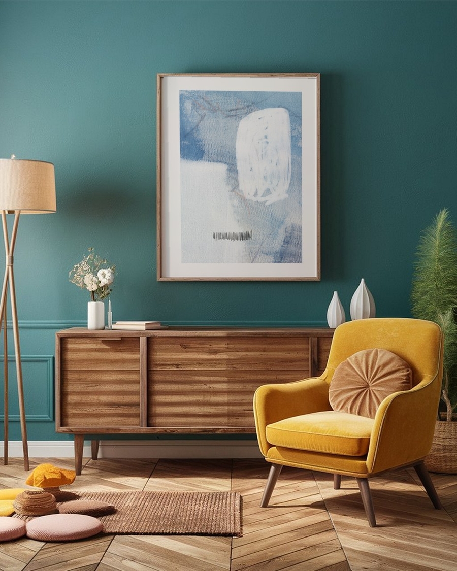 Blue Wash Study poster in a light wooden frame above a walnut sideboard on a teal wall