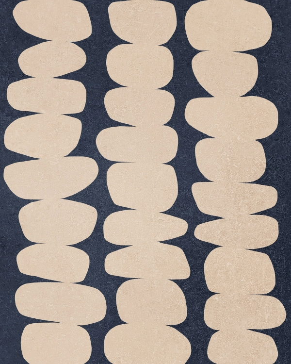 Abstract artwork with sand-colored rounded shapes stacked in three columns on a dark navy background
