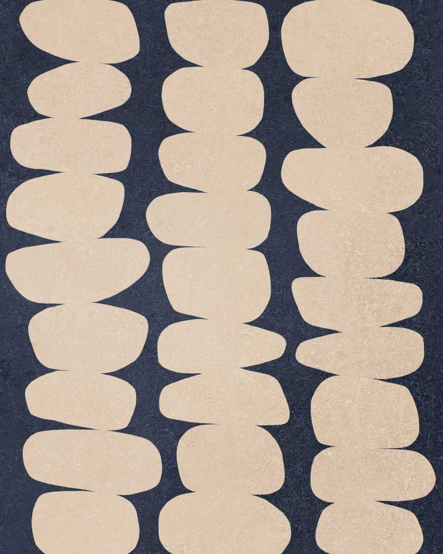 Abstract artwork with sand-colored rounded shapes stacked in three columns on a dark navy background
