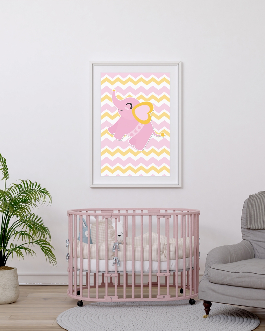 A poster of a Cute pink elephant illustration with heart details