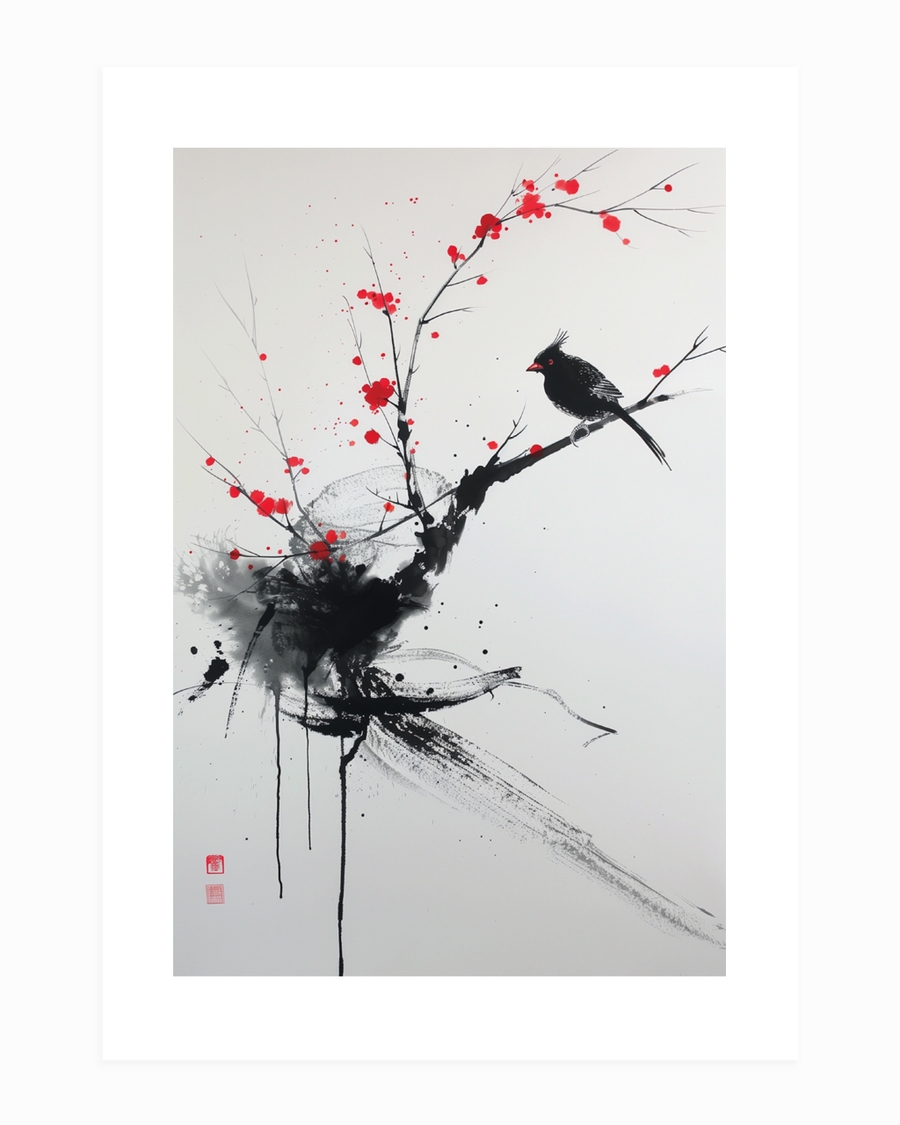 A poster of a ink style bird on branch with red accents