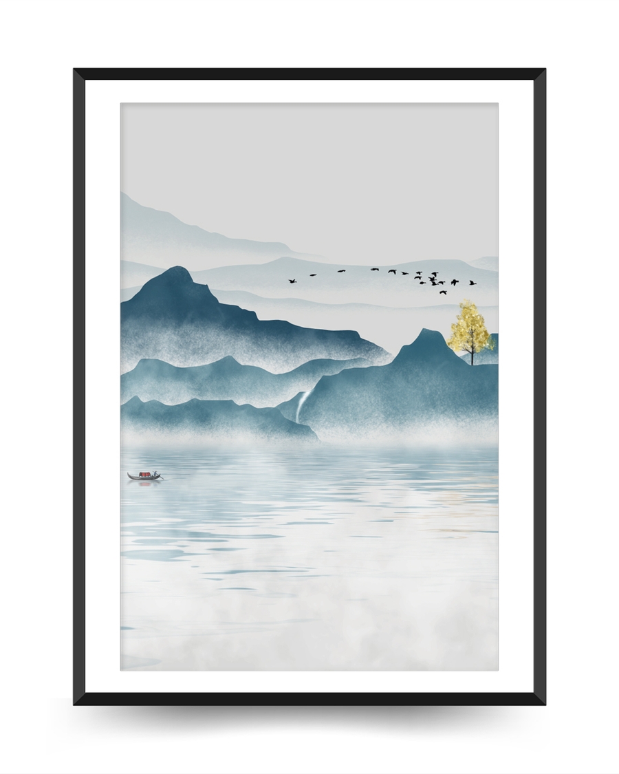 A poster of a Illustrated mountain lake with mist and flying birds