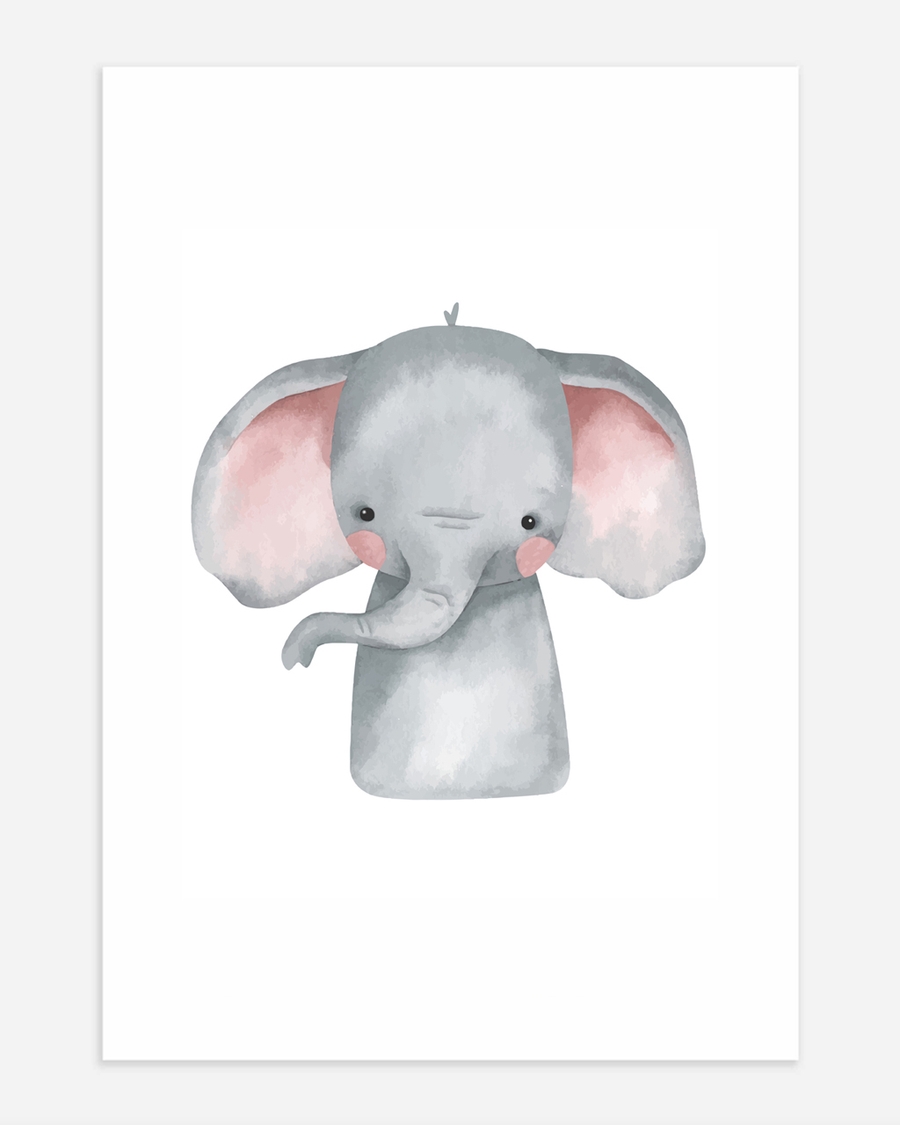 A poster of a Akvarell-elefant med grå kropp och rosa öron.