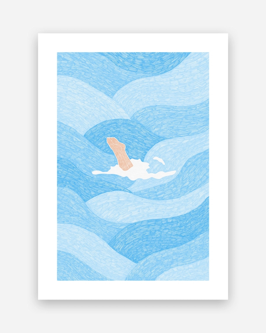 Blue Plunge poster with a white border, unframed on a light gray background