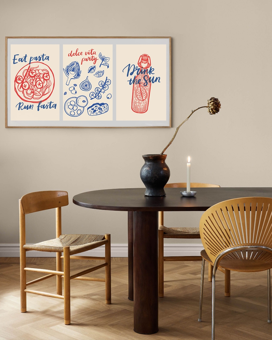 A poster of a Hand drawn pasta plate with playful pasta text