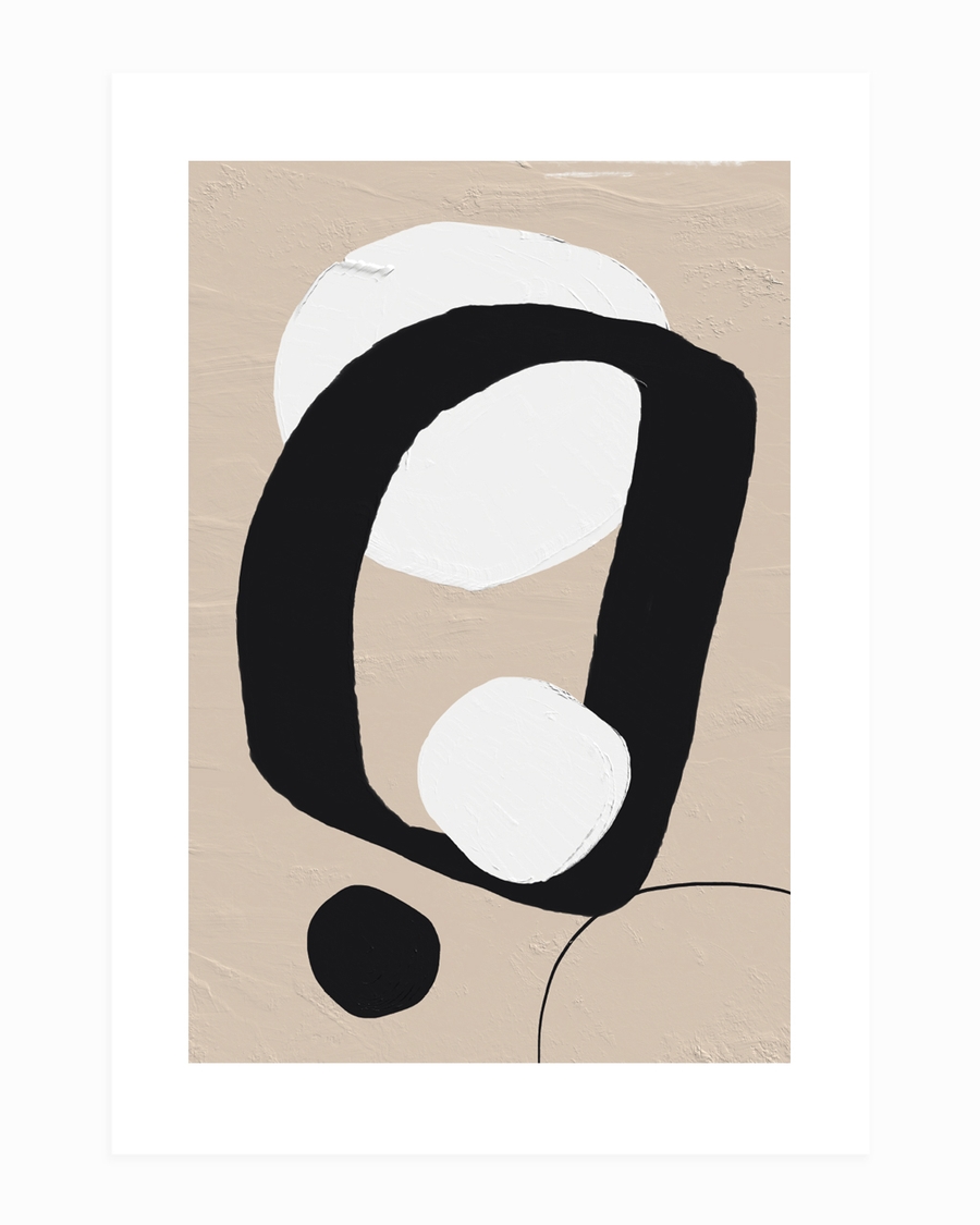 A poster of a Abstract black shapes with white circles on beige background
