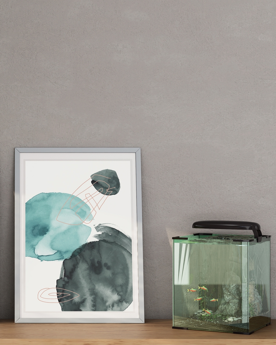 A poster of a Abstract teal watercolor shapes with warm lines