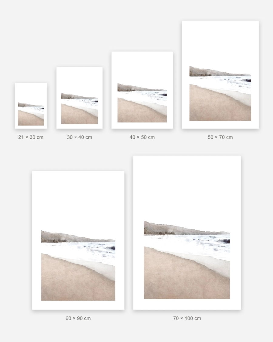 Washed Shoreline poster in 6 sizes, shown to scale: 21 × 30, 30 × 40, 40 × 50, 50 × 70, 60 × 90 and 70 × 100 cm