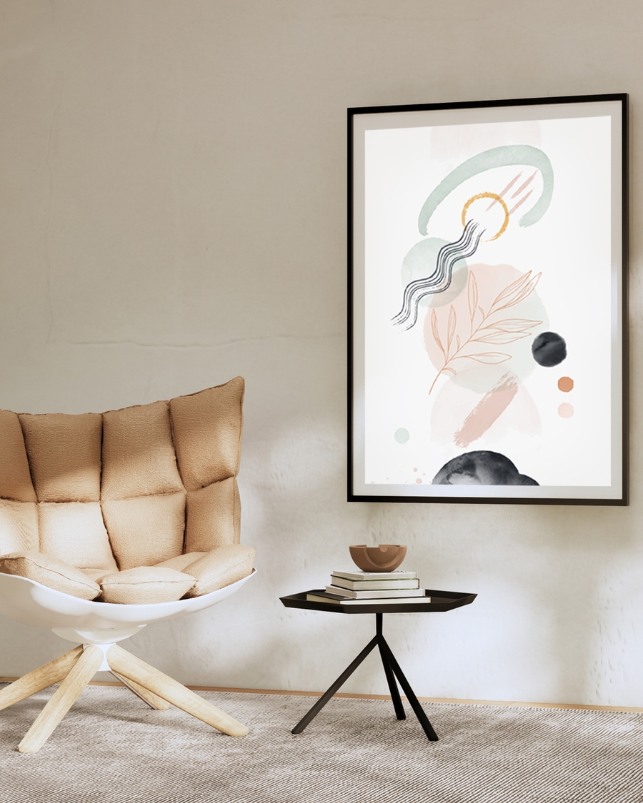 A poster of a abstract watercolor shapes with golden circle and lines
