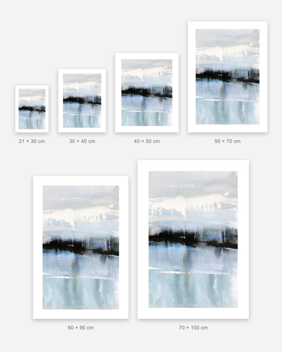 Meltwater Horizon poster in 6 sizes, shown to scale: 21 × 30, 30 × 40, 40 × 50, 50 × 70, 60 × 90 and 70 × 100 cm