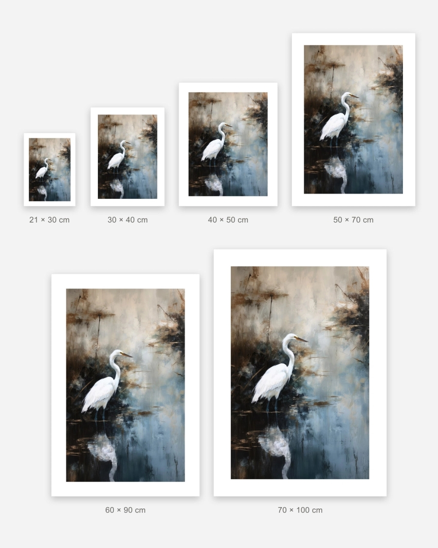 Egret in Mist poster in 6 sizes, shown to scale: 21 × 30, 30 × 40, 40 × 50, 50 × 70, 60 × 90 and 70 × 100 cm