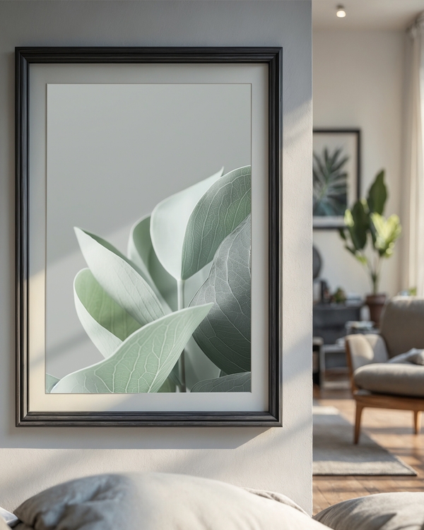 A poster of a Soft sage green leaves on muted grey background