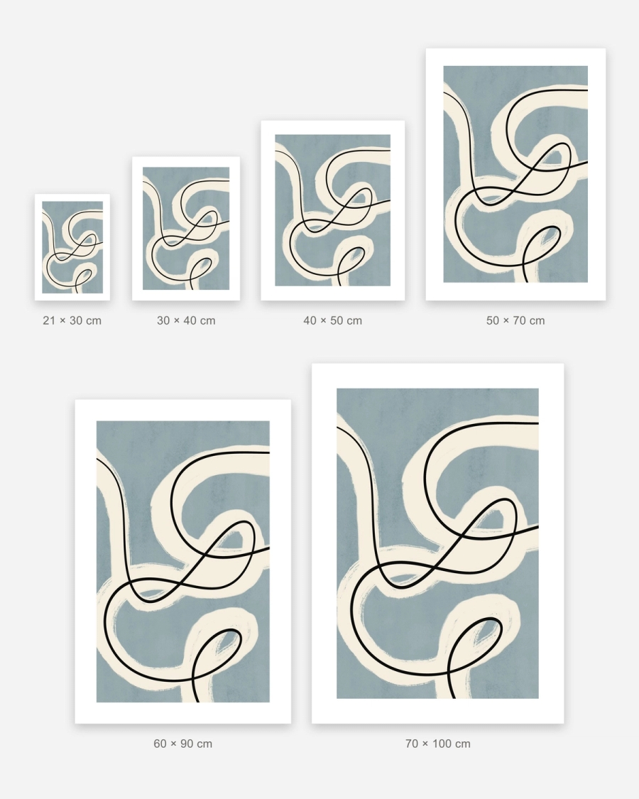 Ribbon and Ink poster in 6 sizes, shown to scale: 21 × 30, 30 × 40, 40 × 50, 50 × 70, 60 × 90 and 70 × 100 cm