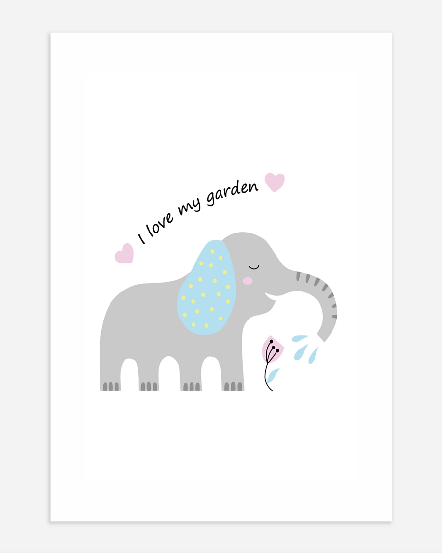 A poster of a Elephant illustration watering flower with garden text