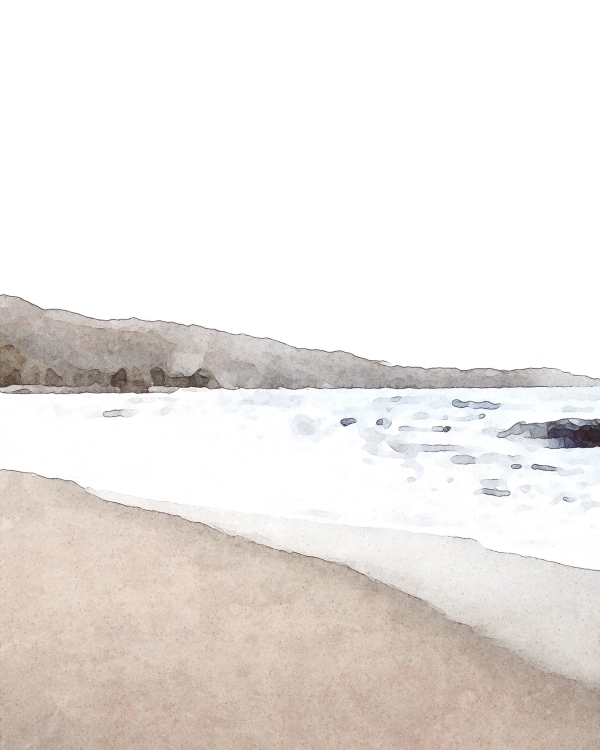 Watercolor beach landscape with beige sand, white surf and a low gray headland