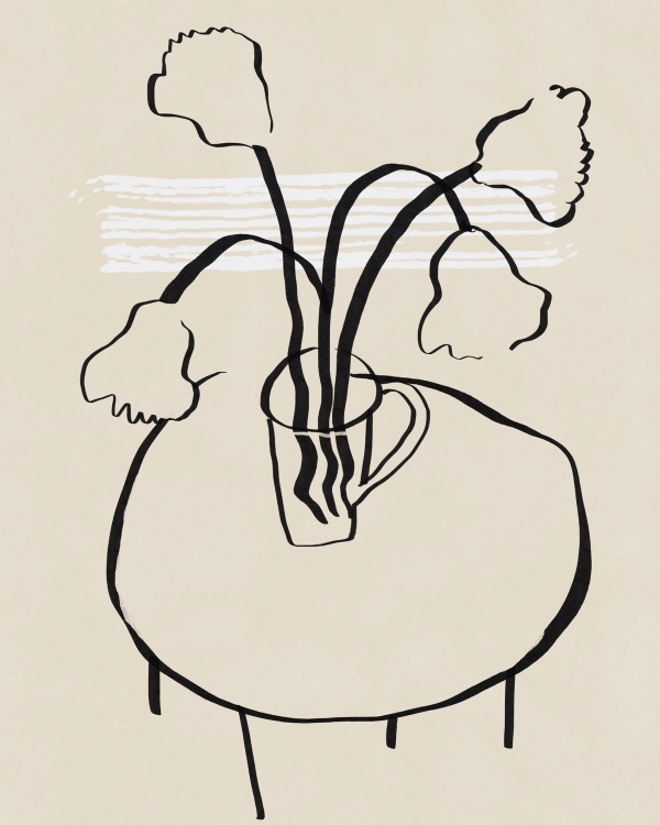 Minimal black line drawing of drooping flowers in a mug on a round table, on a beige background