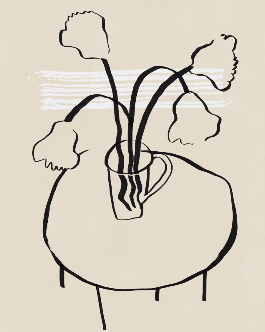 Minimal black line drawing of drooping flowers in a mug on a round table, on a beige background