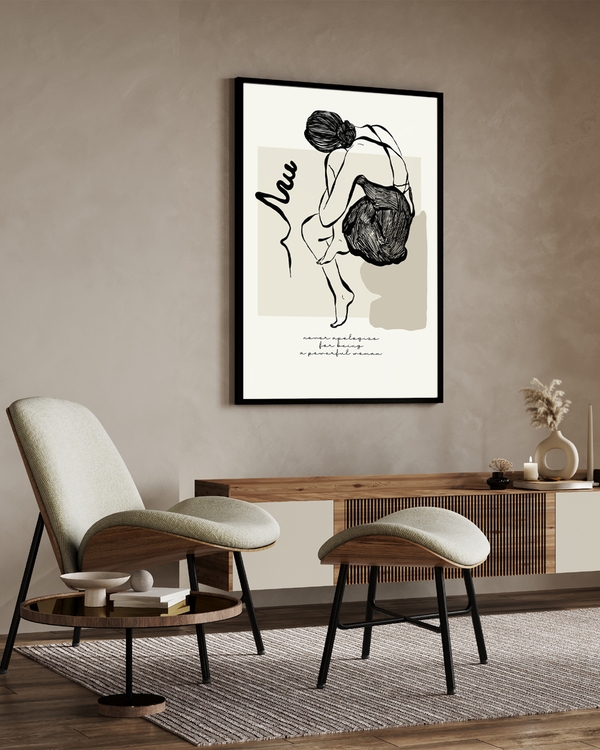 A poster of a Line art of seated figure with beige background