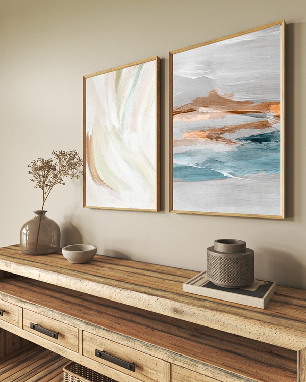 A poster of a Abstract teal, copper, and gray strokes on white