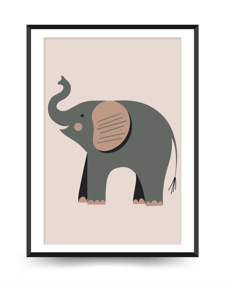 A poster of a Minimalistisk elefant i mjuka jordnära färger illustration
