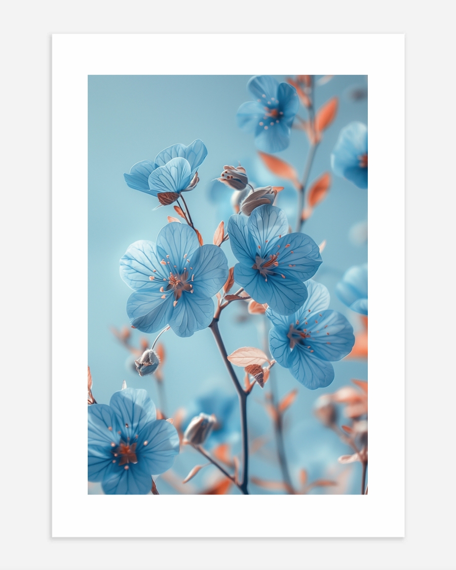 A poster of a Soft blue flowers with warm botanical accents