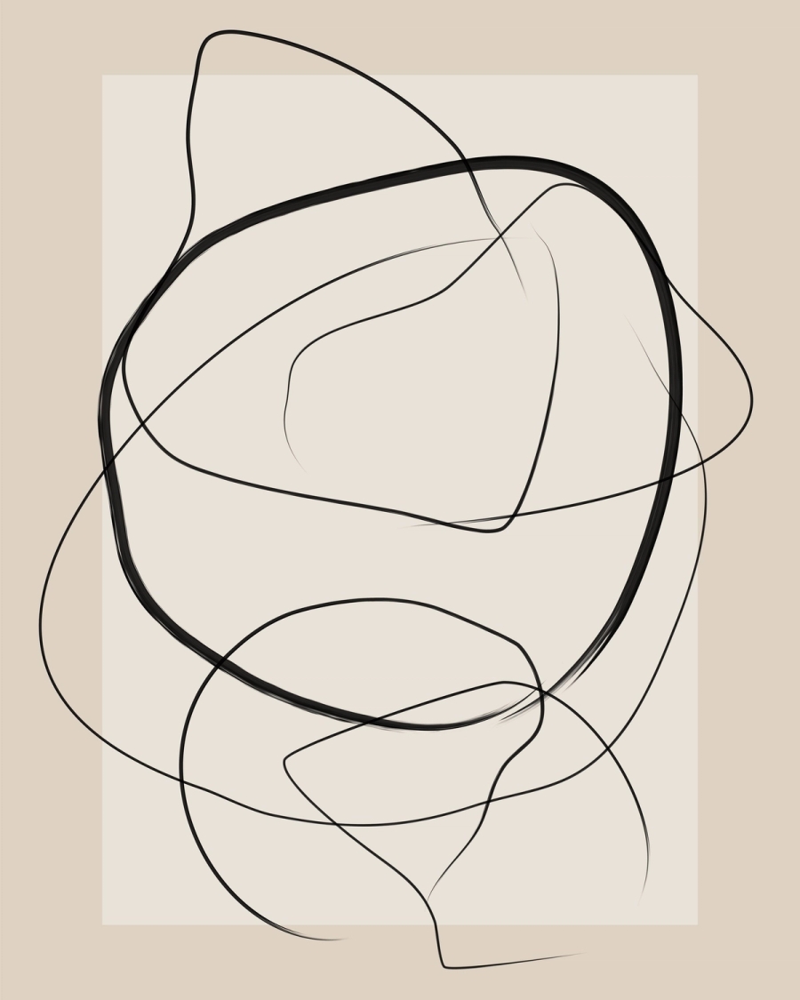 Abstract line drawing with looping black curves on a warm beige background