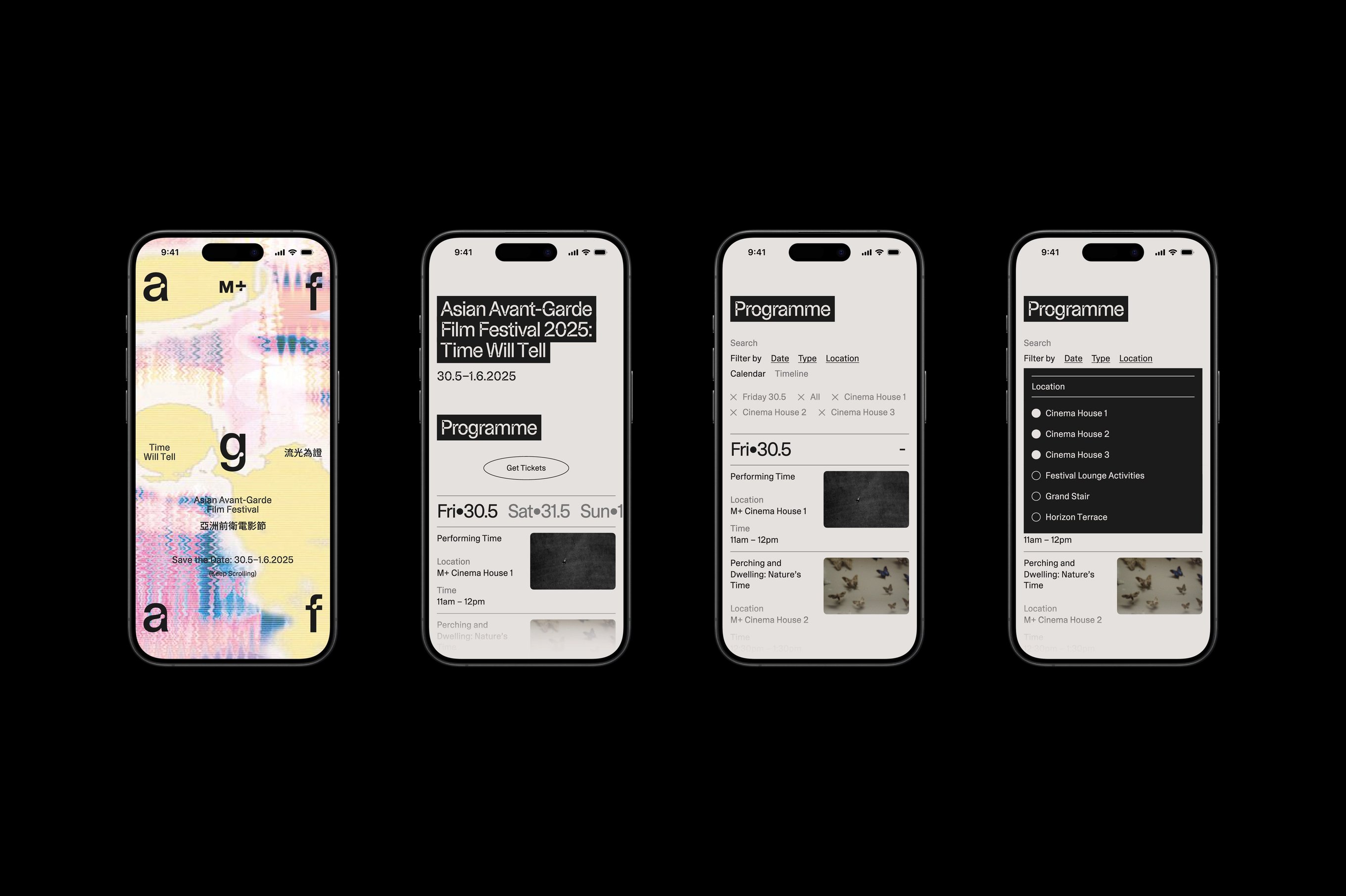 Four iPhones featuring the Asian Avant-Garde Film Festival's website design.