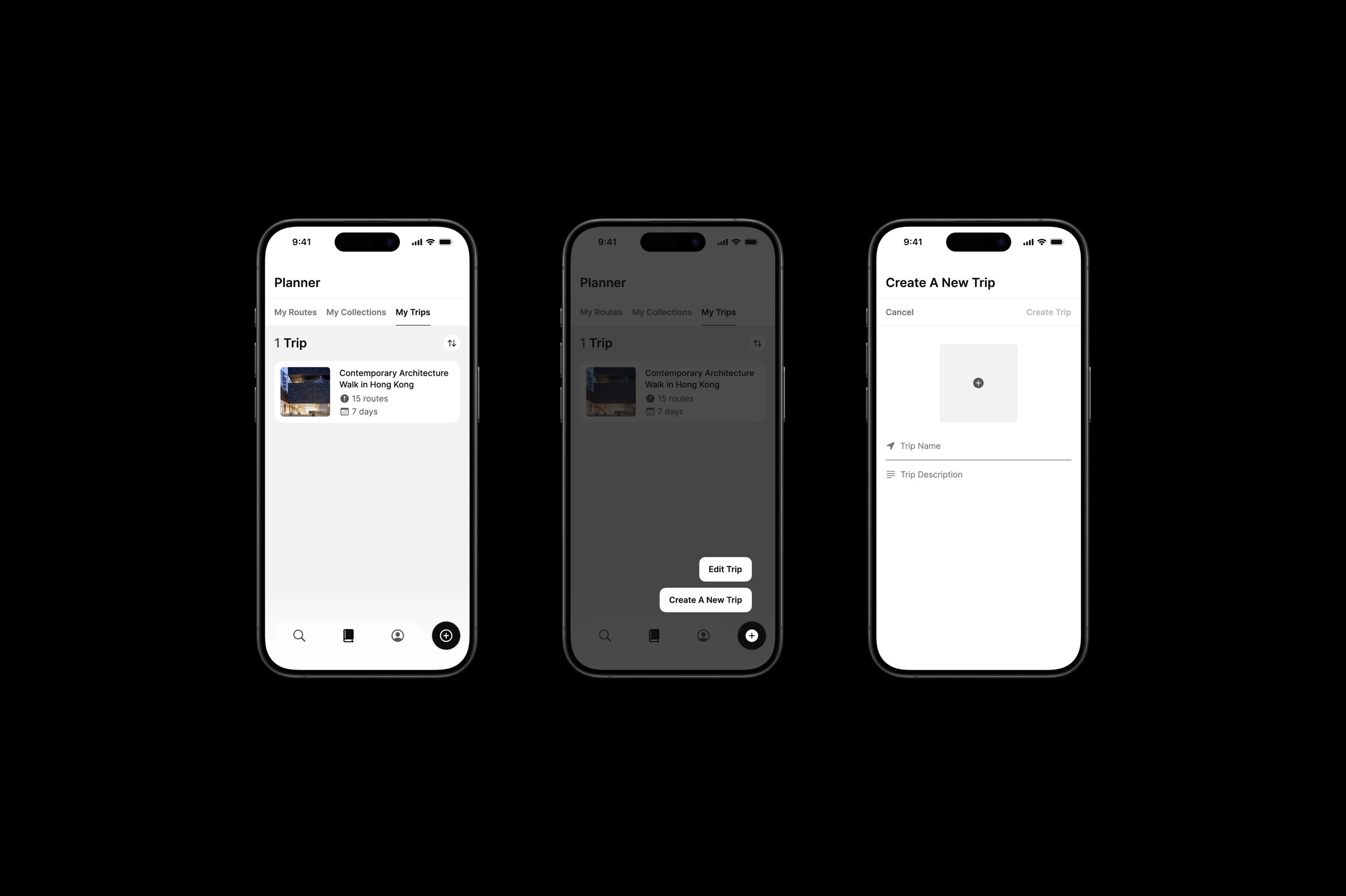 Three iPhone mock ups featuring Many Road's app design.