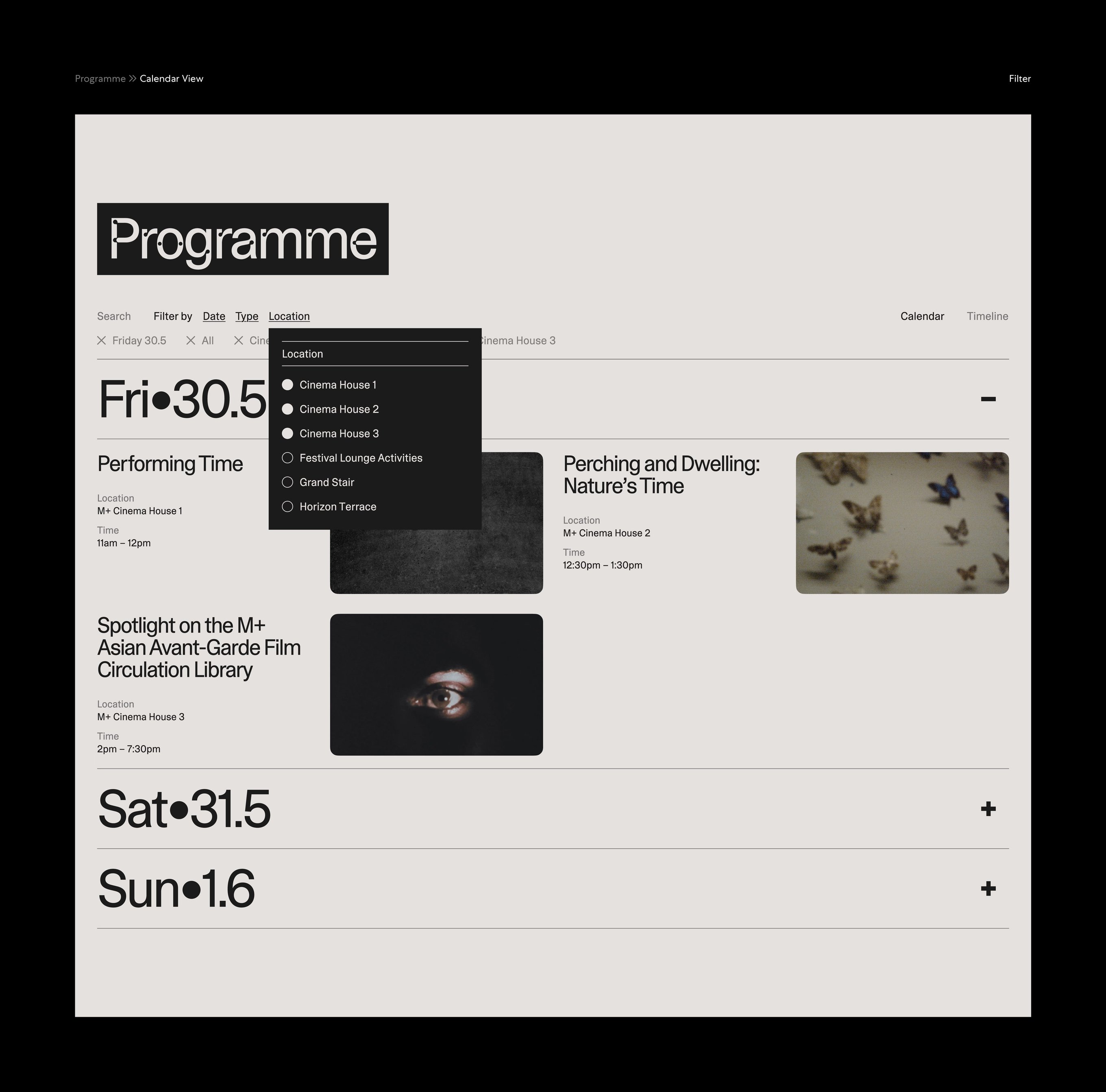The programme page design of the Asian Avant-Garde Film Festival with filter options.