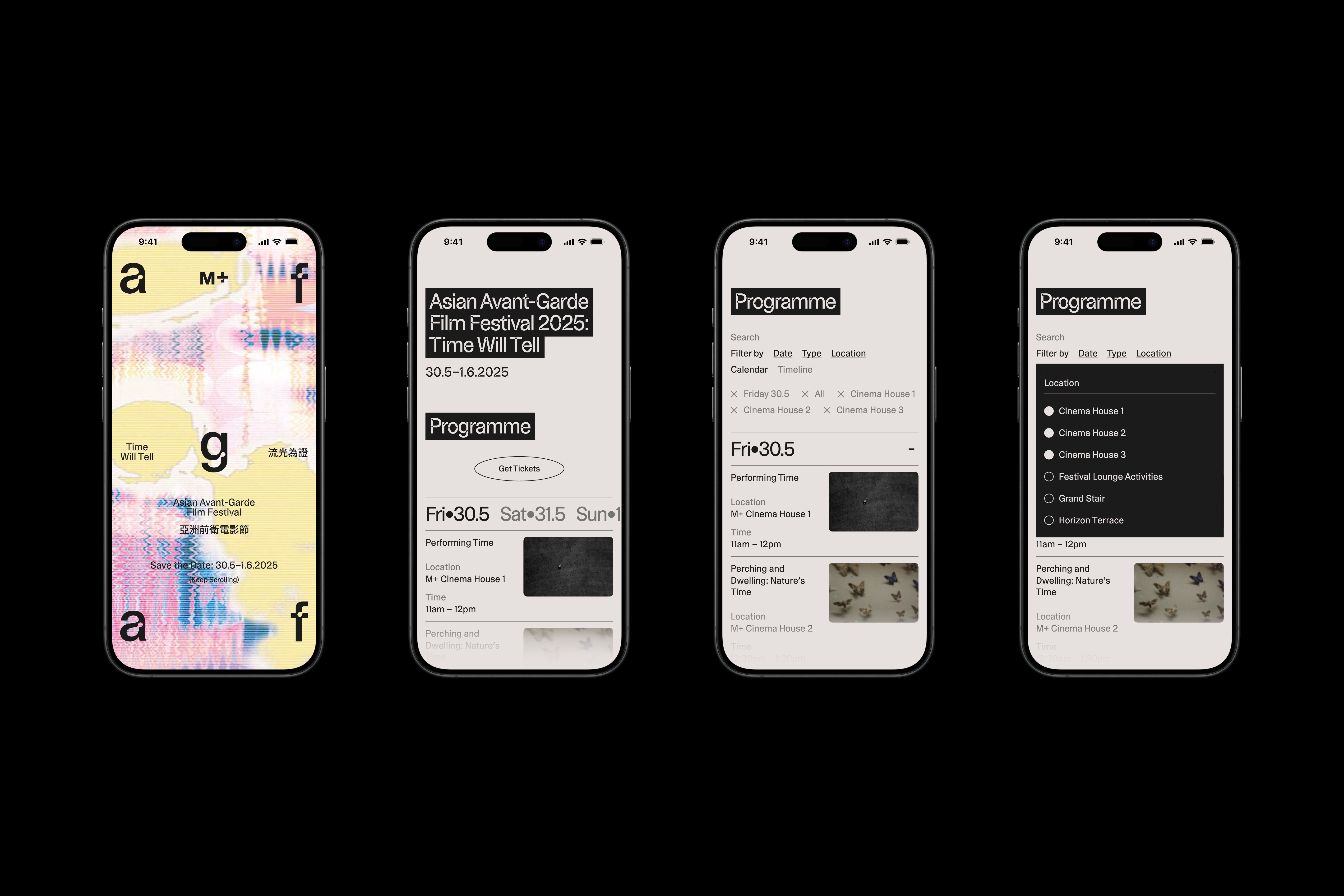 Four iPhones featuring the Asian Avant-Garde Film Festival's website design.