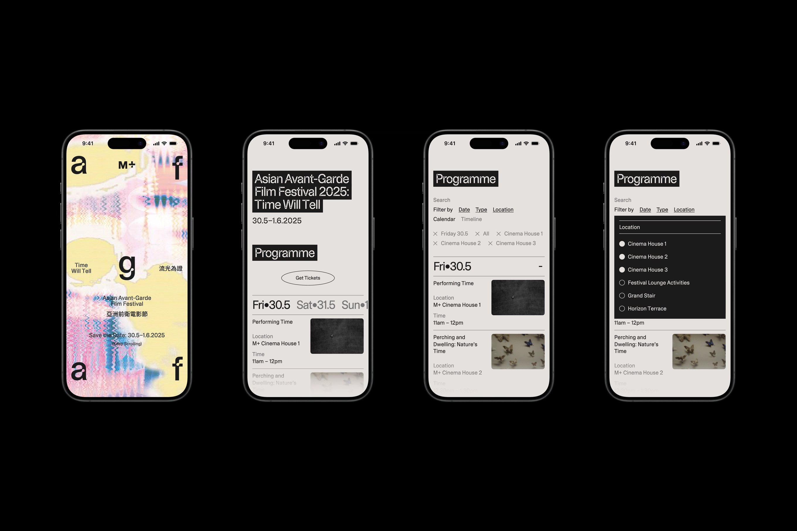 Four iPhones featuring the Asian Avant-Garde Film Festival's website design.
